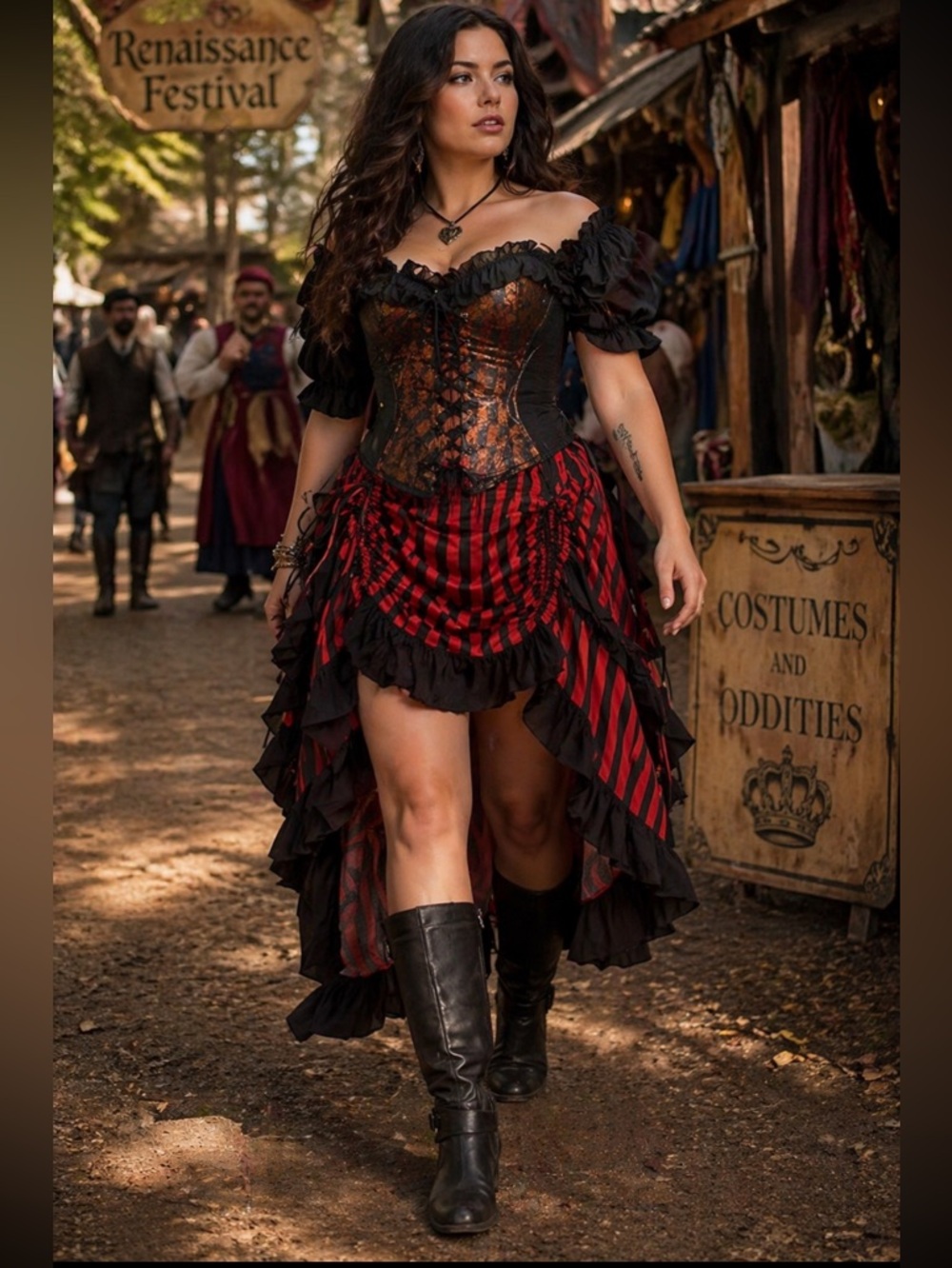 Renaissance festival Red and Black Striped High-Low Skirt